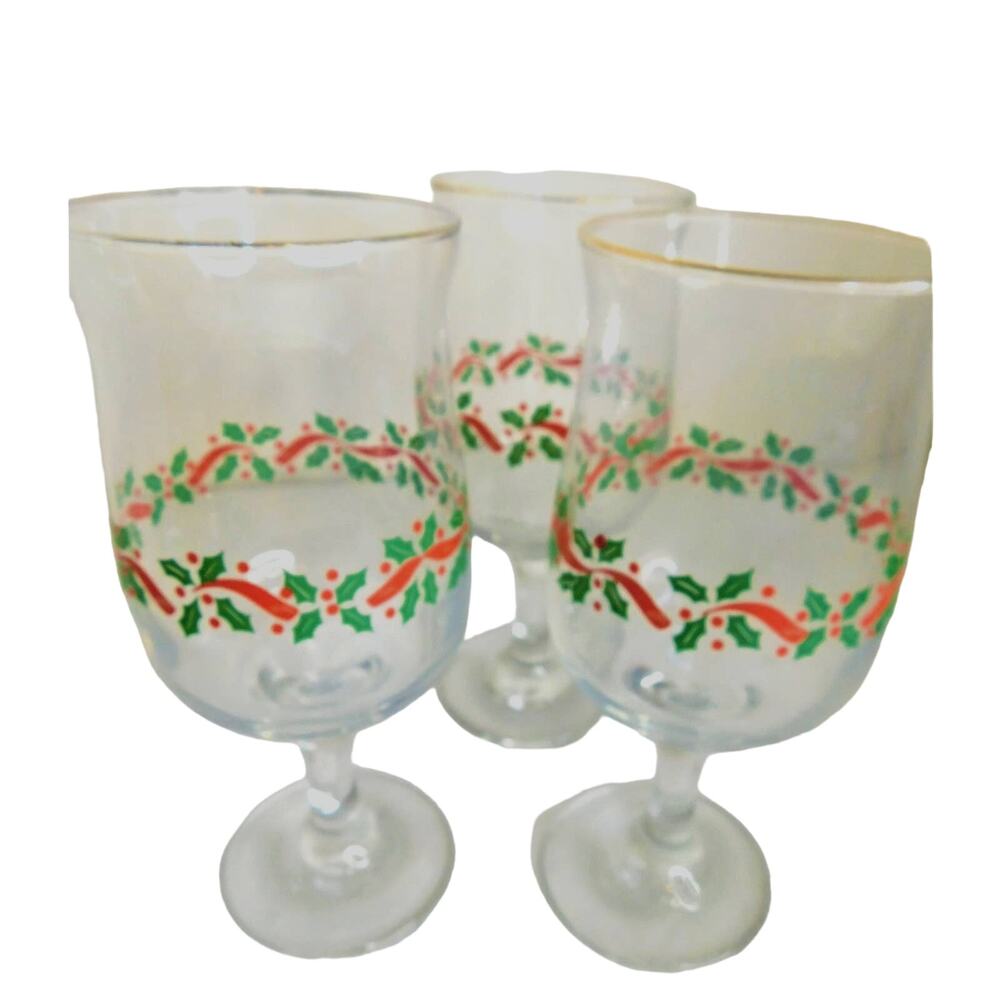 Vintage Arcoroc France Christmas Holly Berries & Ribbons Glasses SET OF 3